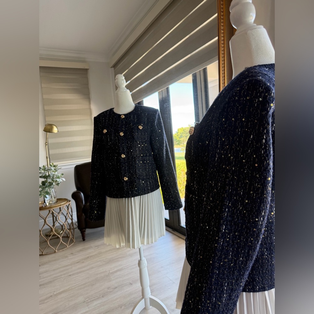 COMMENSE Navy Tweed Mini Dress with White Pleated Skirt Elegant Old Money Style.